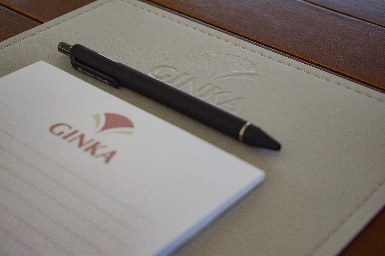Cuaderno Ginka con lapicera sobre escritorio de madera